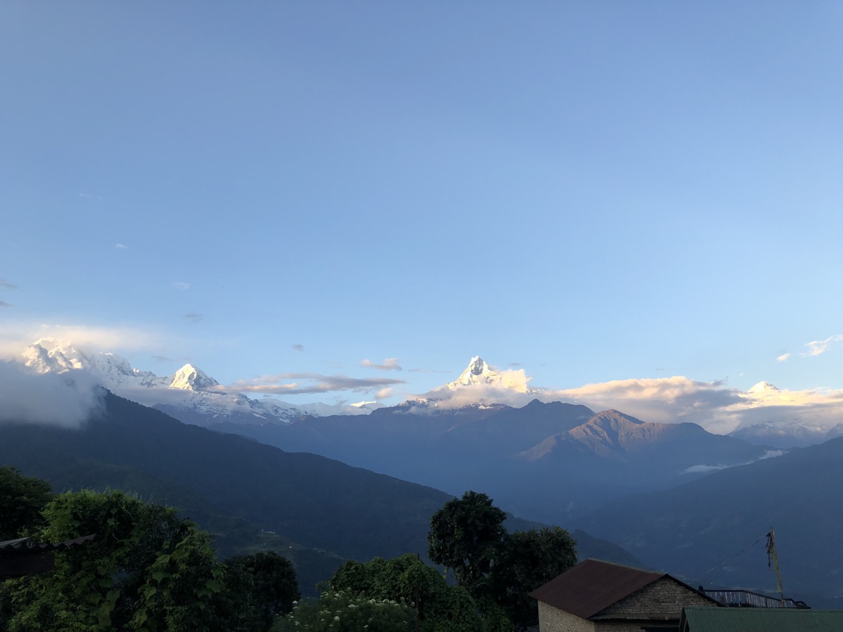 View North from Dhampus, Annapurna Conservation Area, Nepal. The central peak is Machhapuchhare. Evening of day one of the hike to Annapurna Base Camp. I had finally got underway with the hike after having to postpone due to dangerously wet weather and an illness. (October 2022) 